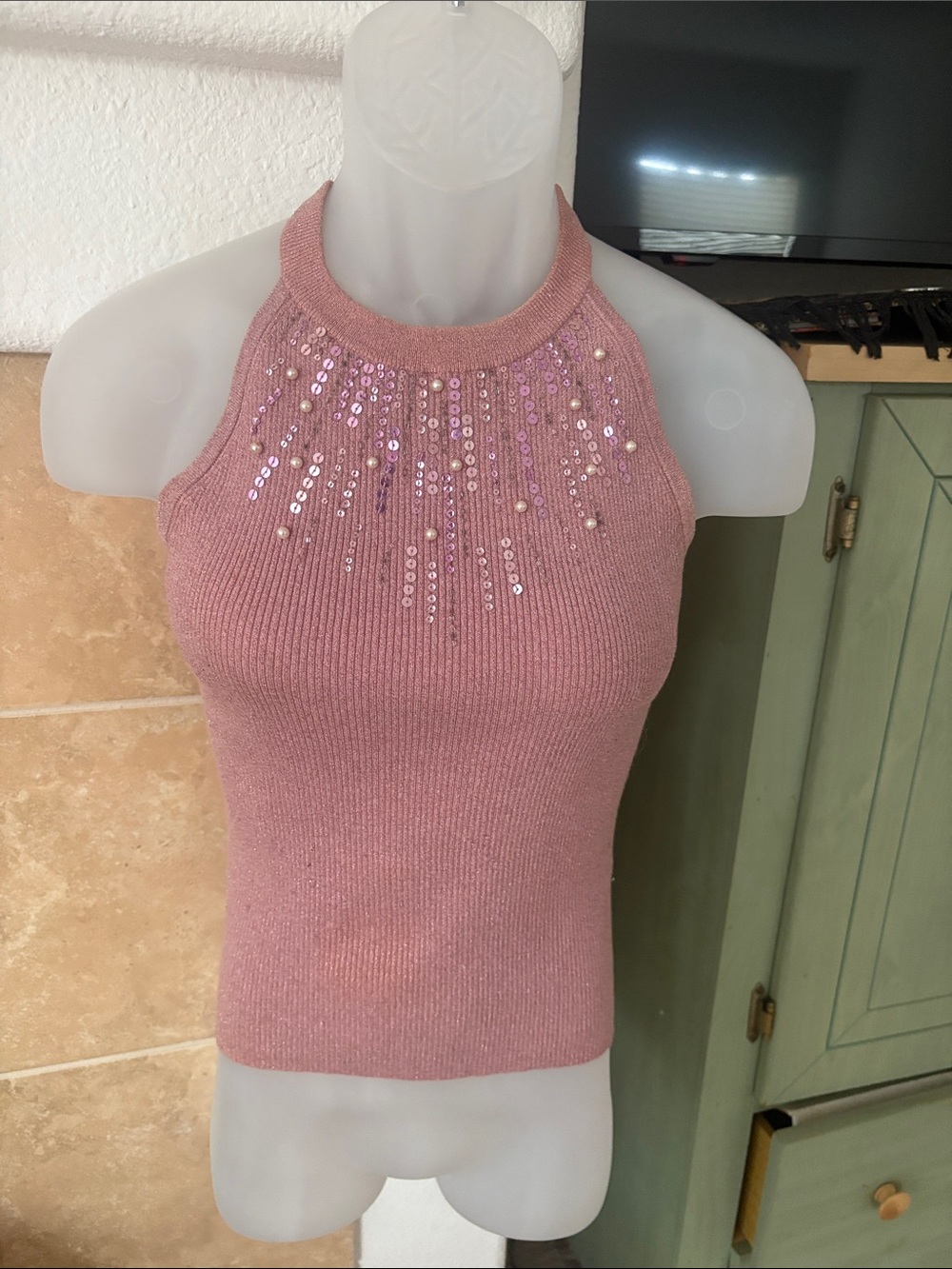 Cache Pink Embellished Ribbed Halter Tank